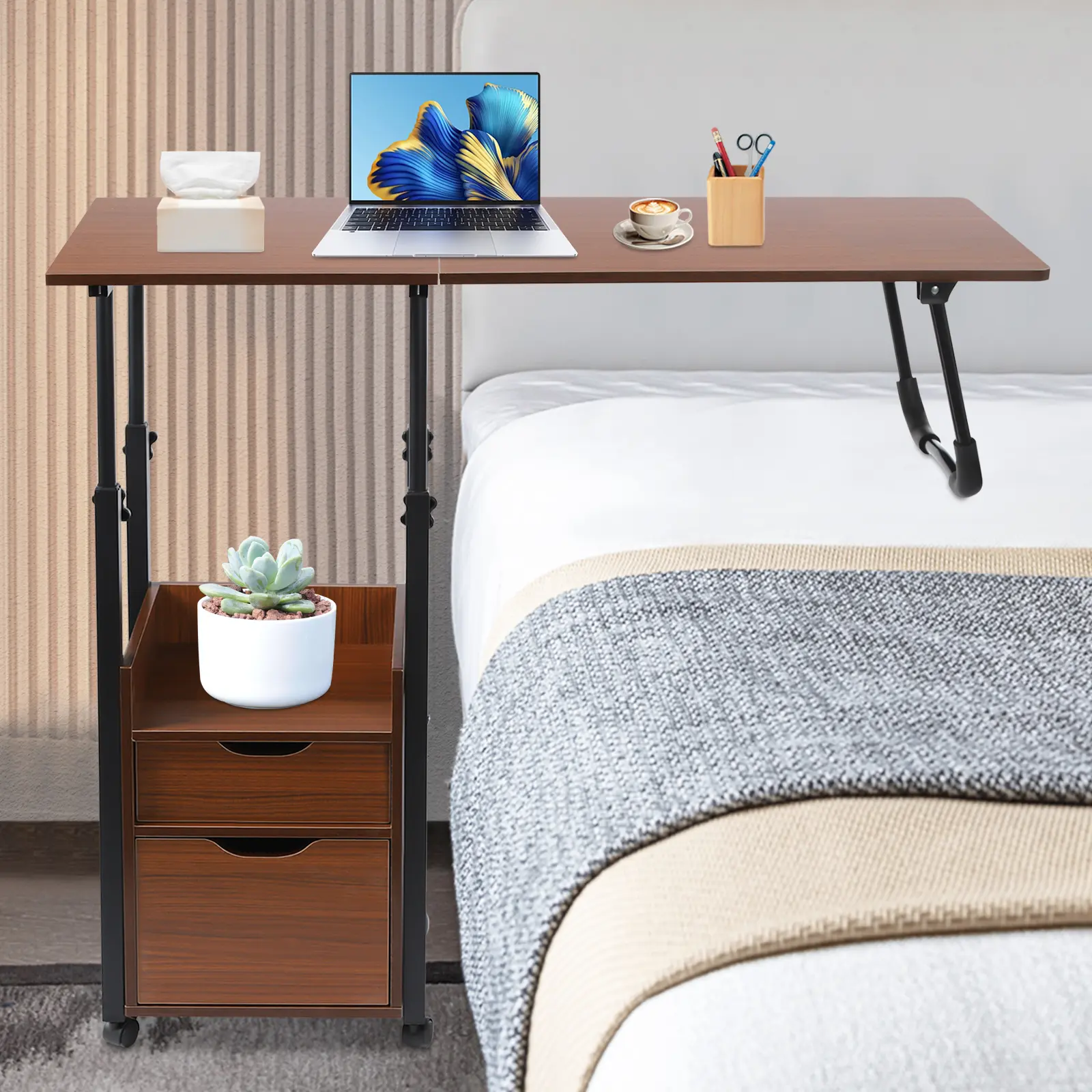 Height Adjustable Over Bed Desk & Movable Bedside Table - Overbed Table with Wheels