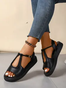 Simple Elegant Buckle Gladiator Flat Sandals, Unique Braided Design Thick Sole Chunky Sole Casual Commuter Women's Roman Sandals, Comfortable and Stylish Footwear Summer