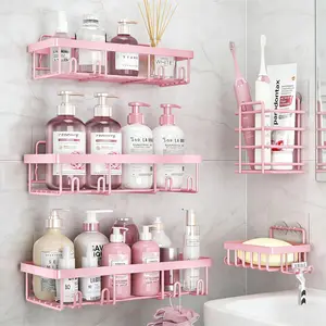 Caddy Shower Storage pink 5-Piece Set Self-Adhesive Stainless Steel Shelf No Drilling Required Rust-Resistant Bathroom Decor Accessories Pink Shampoo Body Wash Basket Showerhead Holder Installation Minimalist Hollow Smooth Round，Rugged and durable