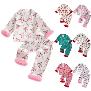 FOCUSNORM Kids Toddler Girl Christmas Pajamas Fuzzy Trim Long Sleeve Button Down Shirt Top and Pants 2pcs Pjs Sets Sleepwear