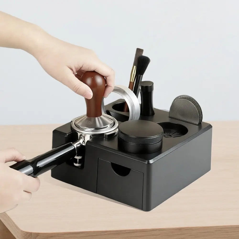 Multifunctional Espresso Tamper Station, Non-slip, Multi-purpose Storage Drawer, Coffee Equipment, Fits 51-58mm Tamper, Distributor, Portafilter, Solid Wood Tamper & Portafilter Holder, Coffee Making Tool