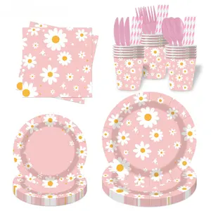 New pink daisy-themed party supplies disposable tissue paper cup paper plate tableware set