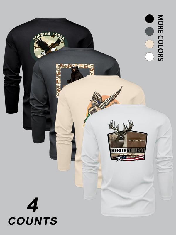 Men's Fashion Camo Animal Print Long Sleeve Round Neck T-Shirt Set, Comfortable Stretch Fabric, Perfect for Spring & Fall Sports Outdoor Activities, Athletic Sports Clothing