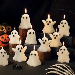 21 PCS Halloween Ghost Candles Spooky Candles White Floating Candles Halloween Decorative Tabletop Candle White Dripless Wax Burning Candle for Halloweens