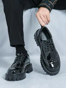 Men's Business Style Solid Color Studded Patched Design Lace Up Dress Shoes, Fashionable Round Toe Shoes for Work Office, Male All-match Shoes for Daily Wear, Formal Shoes, British Style Footwear