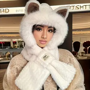 Winter two-piece hat cute fox ears scarf integrated hat thickened plush warm ear hair fluff hat