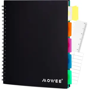 5 Subject Spiral Notebook, College Ruled with Dividers Pocket, Tabs Label, 11" Ruler, 200 Pages, 8.5''x11'' Black, for Writing Journal Home Office School Supplies