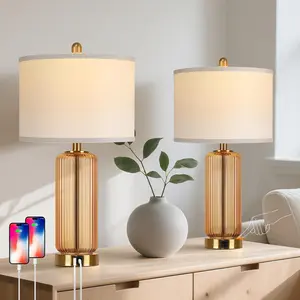 Table Lamps Set of 2 with Touch Control, 3-Way Dimmable Nightstand Lamp with Vertical Grained Glass, Bedside Table Lamps, 27" Modern Glass Bedside Lamps with USB A+C Ports, Brown Desk Lamp for Bedroom