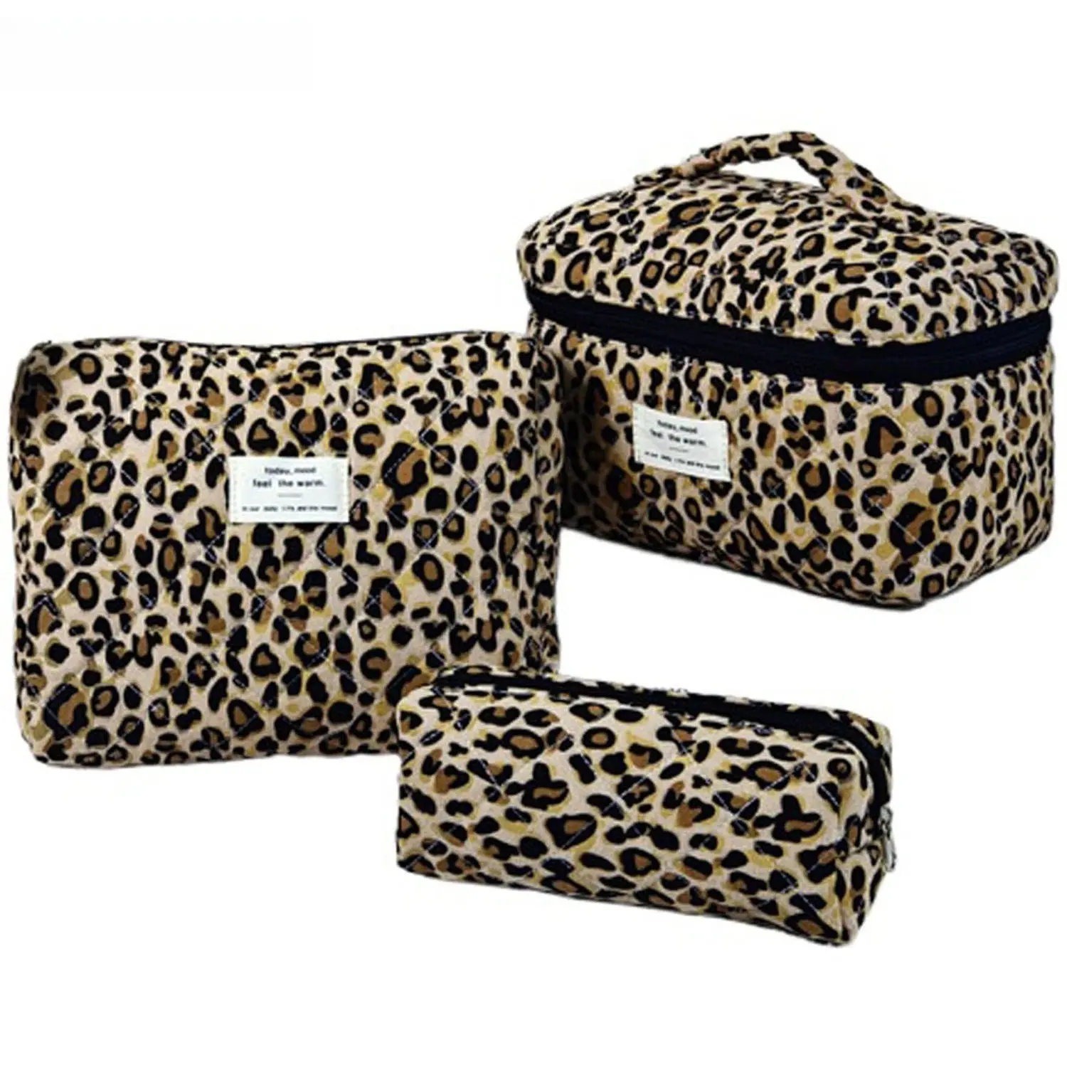3-in-1 Soft Quilted Leopard Print Cosmetic Set - Thick Cotton Makeup Travel Organizer, Beauty Storage Pouch, Portable Vanity with Zipper Closure, Bow Accent, Polyester Preppy Design for Daily Use & Vanity Organization