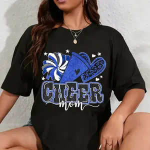100% Cotton Cheer Mom Blue Cheerleader Game Day Cheer Mama Football T-Shirt