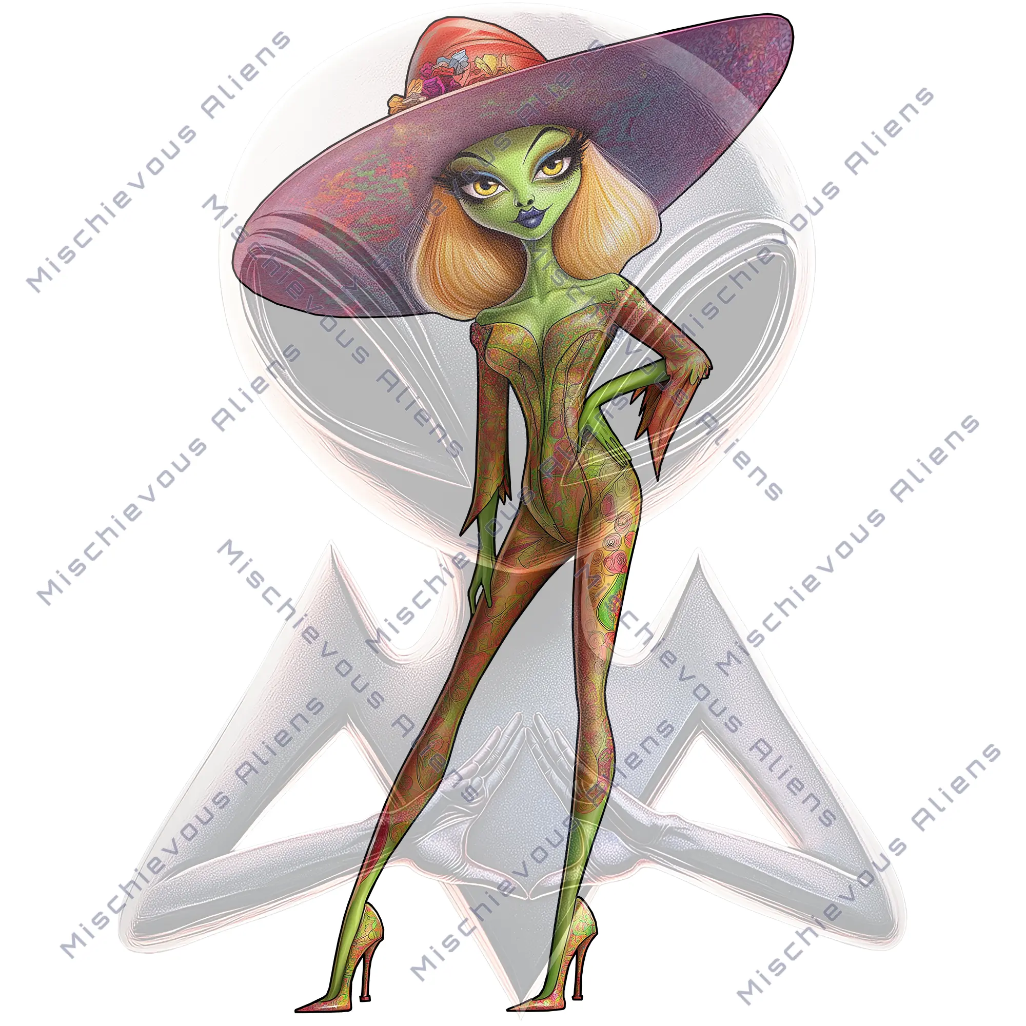 Fashionista Alien with Big Hat White Kiss-Cut Sticker by Mischievous Aliens Space UFO Unique Skateboard Extraterrestrial Galactic Quirky Decal Art