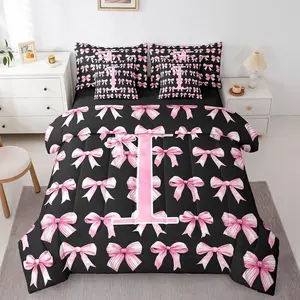 Pink and Black Initial I 7 Piece Bedding Set,Coquette Bow Comforter Set with Sheets, Princess Aesthetic Bed in a Bag,Dreamy Monogram Quilt Set