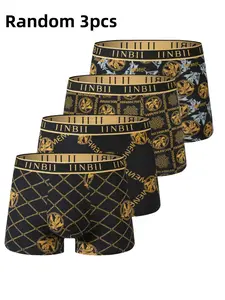 Men's Gold Design Luxurious Breathable Milk Silk Underwear, Random 3 Pack Short Boxer Shorts, Comfortable and Cool