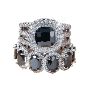 Oval Black Zircon Rings Set, Micro Pave Sparkly Embellished Crystal Unit Set, Stackable Luxury Costume Jewelry, Rings Set Rings, Sparkly Embellished Rings