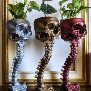 Human Skeleton Skull Planter & Spine Stand, Gothic Flower Pot, Halloween Home Decoration, Unique Decorative Item for Festive Settings