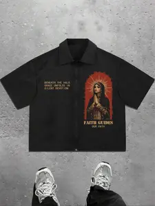 Men's retro short-sleeved shirt, loose cropped fit, boxy zip-up placket, woven top, icon design, dark high street style, retro vibe, unique outfit, rapper apparel, holiday gift.