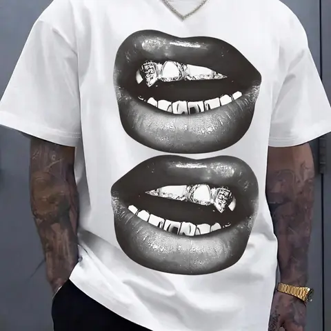 Men's Regular Fit Lip Print Drop Shoulder Graphic Tee, Casual Comfy Short Sleeve Round Neck T-shirt for Summer, Casual Summer Tops, Fashion Men's Top for Daily Wear, Casual Graphic Design