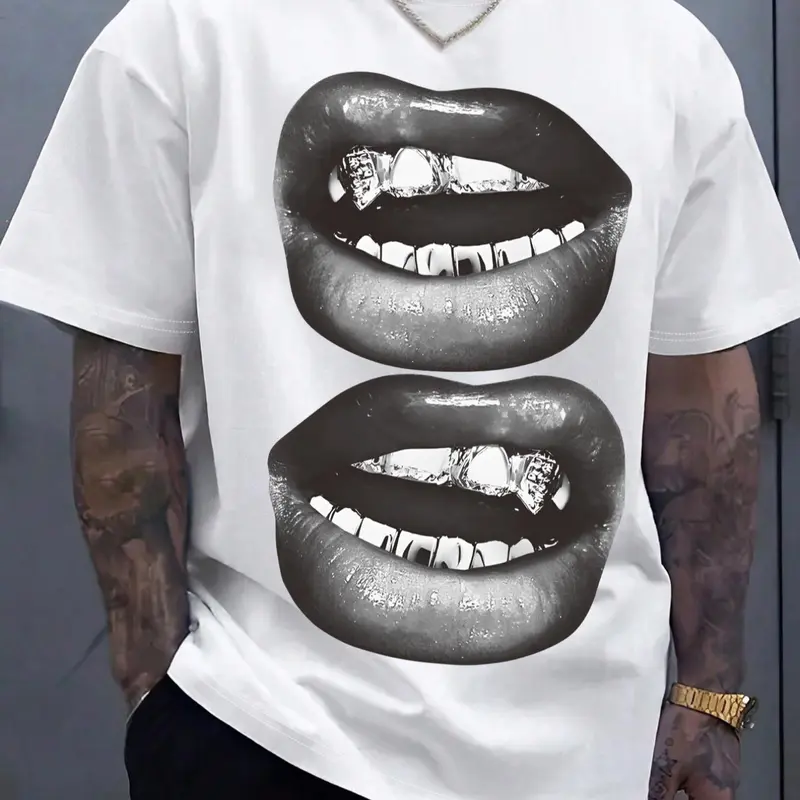 Men's Regular Fit Lip Print Drop Shoulder Graphic Tee, Casual Comfy Short Sleeve Round Neck T-shirt for Summer, Casual Summer Tops, Fashion Men's Top for Daily Wear, Casual Graphic Design