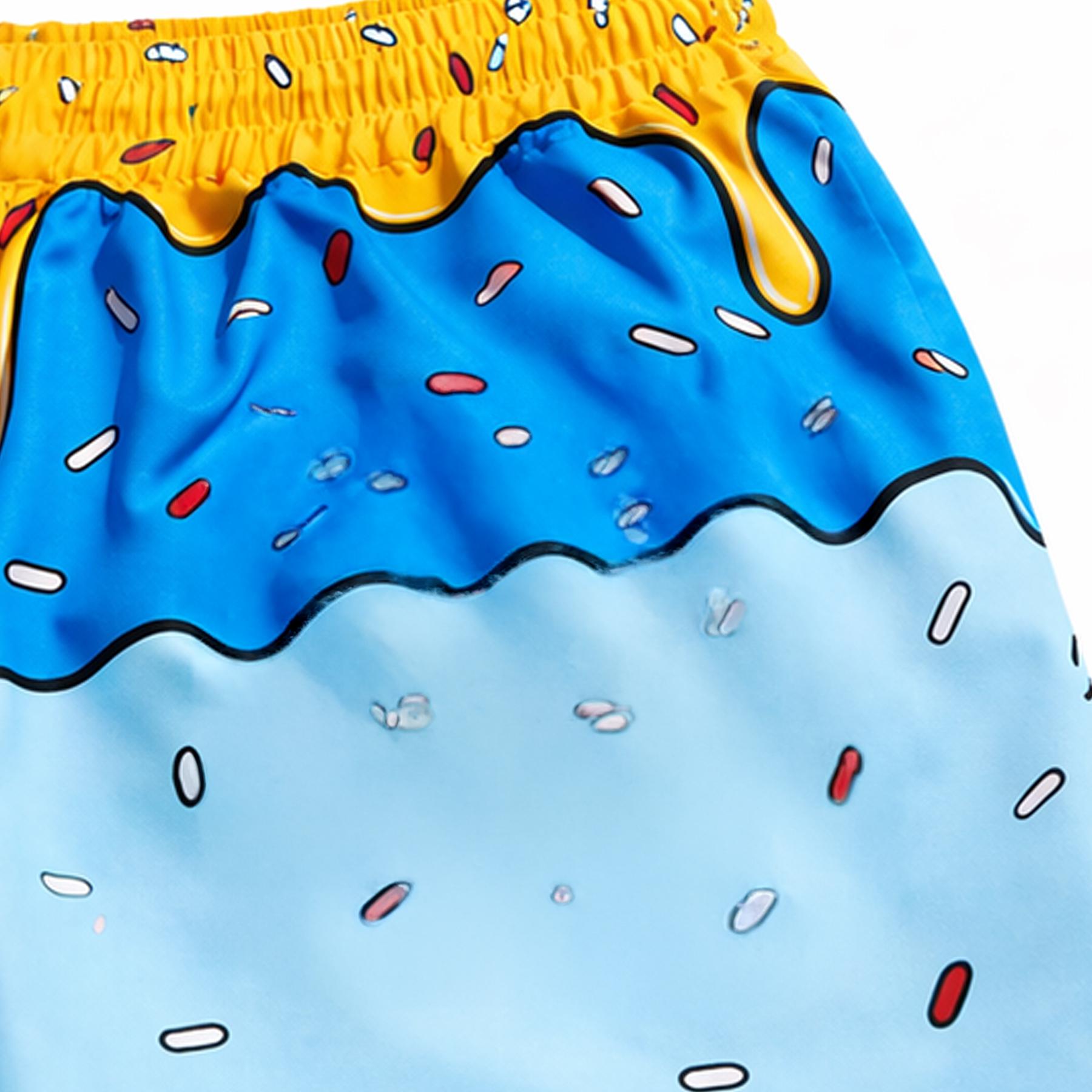 Mens Graphic Swim Trunks Y2K Ice Cream Drip Print Cartoon Beach Shorts All Over Sprinkle Doodle Elastic Drawstring Relaxed Fit Novelty Board Shorts Pop Art Streetwear Vacation Pool Party Resort Cruise Surf Water Park Festival Seaside Holiday Summer Outfit