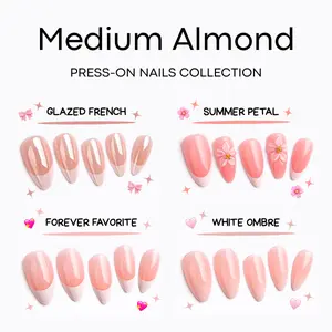 Medium Almond Collection Press On Nails – 24 pcs Fake Nails, Kit with Jelly Glue & File, Easy Application, Clean Girl Aesthetic, Elegant Nails for Everyday & Vacation Looks