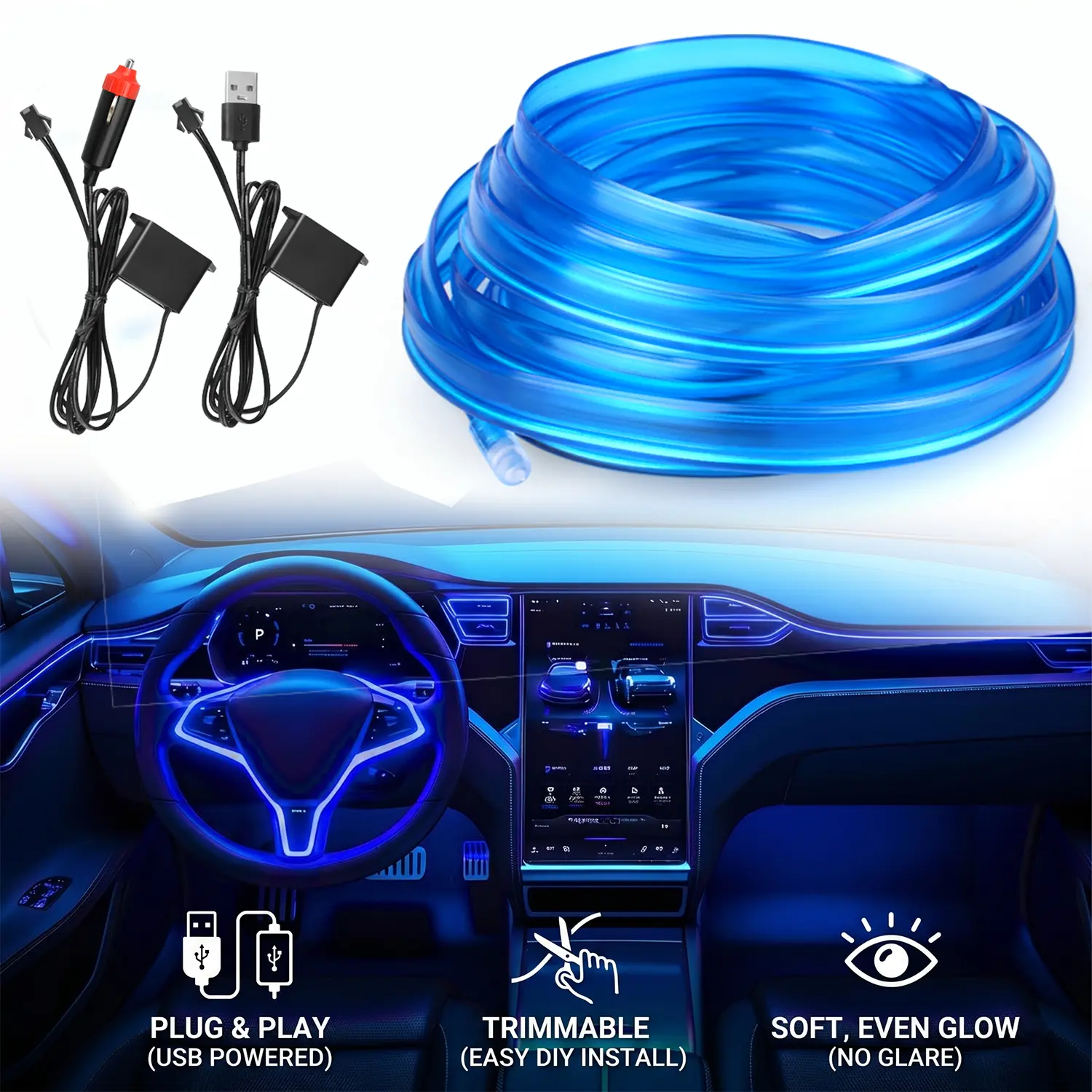 Soft EL Wire LED Car Light - Adjustable Color Changing, Easy-Install Embellishments for Vehicle Interior Ambient Decor