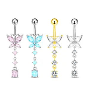 HERVAY 14G/10MM Stainless Steel Butterfly Belly Button Ring Gold Blue Pink White Crystal Unisex Elegant Piercing Accessories Body Jewelry