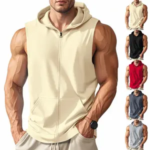 Men’s summer hooded tank top with zipper and solid-color pocket for fitness—simple, breathable sleeveless design; stylish hooded tank, fashionable versatile sleeveless top #SummerVibes