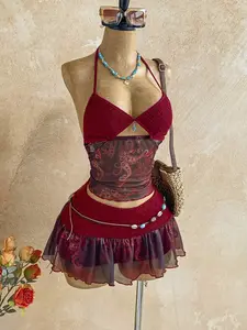 Women's Vacation Cashew Print Cutout Halter Top And Mini Skirt Set