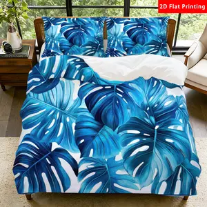 2/3 Pcs 2D Flat Tropical Blue Monstera Leaf Duvet Cover Set Tropical Blue Monstera Bedding Set Quilt Cover 1 Duvet Cover + 1/2 Pillowcases Tropical Blue Monstera Top Sheet Decorative Bedding Bedroom Decor