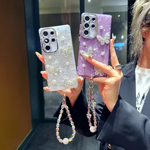 Elegant Aesthetic Pearl Butterfly Shell Phone Case for Galaxy S23 S24 Fe S25 Ultra Plus, Includes Stylish Lanyard & Sparkling Lens Film