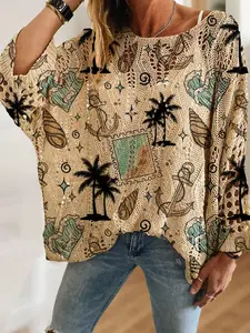 Women's Boho Tropical Plant Print Long Batwing Sleeve Knit Hollow Out Top, Casual Elegant Beach Vacation Style Sweater, Comfortable Breathable Lightweight Loose Fit