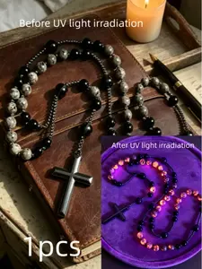 B Natural Obsidian Yooperlite Rosary UV Reactive Protection Hematite Stone Cross Pendant for her, for him necklace Fashionable Collarbone Chain elegant rhinestone gift sparkly Adjustable Heart Rate Couples Set Day woman party Daily Bible Verse daughter