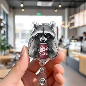 Raccoon Dr Pepper Soda Badge Reel, Drinks Badge Reel, Funny Graphic Badge Reel, Gifts for Animal Lovers, Glitter Badge Reel