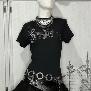 Women's Y2K retro 2000 Harajuku summer casual T-shirt with exposed collar and unique printed street fashion street style emo