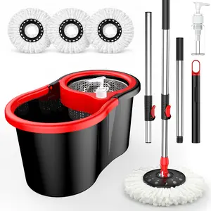 hot 2026 new Black and red mop bucket set, including a 360° rotating mop head, three microfiber mop heads, and a 61-inch adjustable handle; high-efficiency cleaning products.