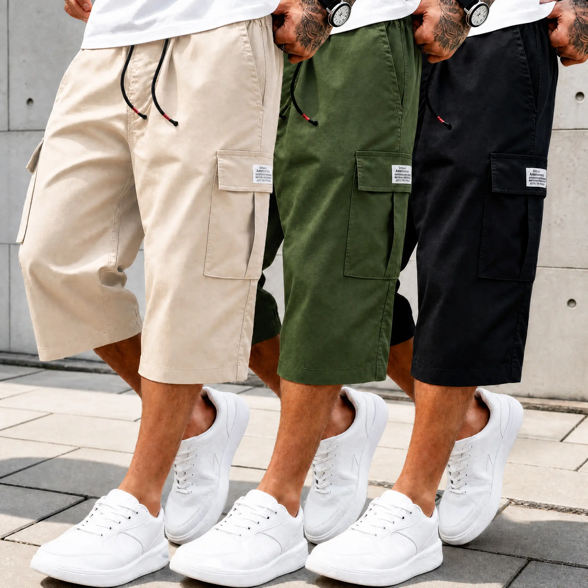 Men's Cargo Capri Pants 3 Pack, Below Knee Cargo Shorts Style, 3/4 Length Cropped Pants with Large Pockets, Drawstring Waist Casual Summer Athletic Pants