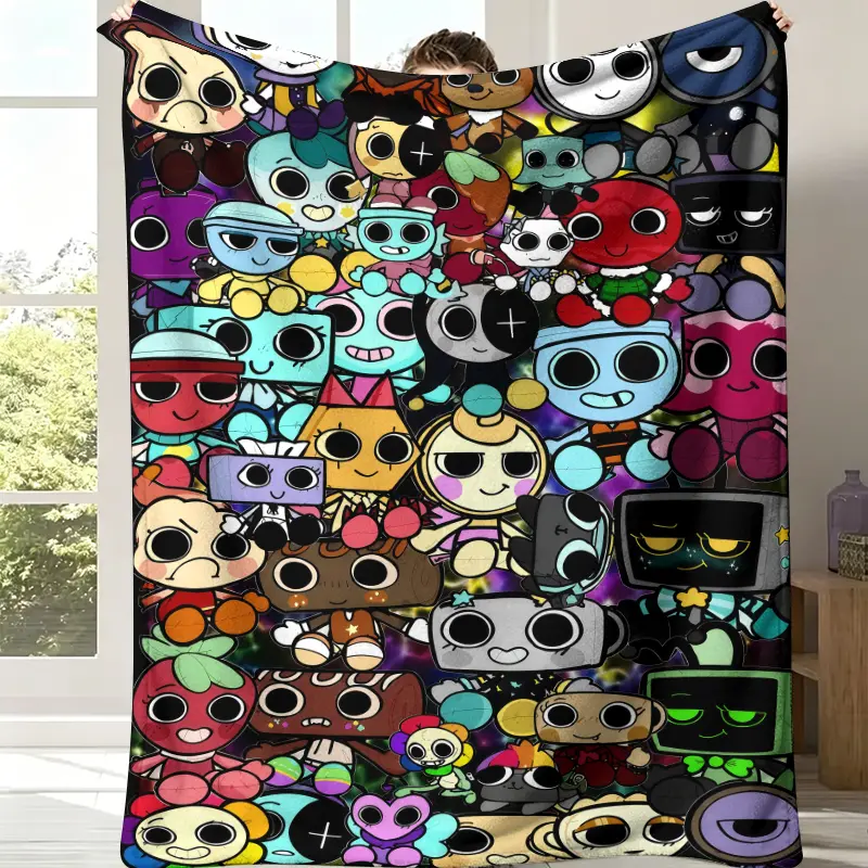Dandy's World All Characters Collage Throw Blanket, Dark Galaxy Background Full Cute Cartoon Object Game Characters Dense Mosaic Flannel Blanket, Soft Fleece Blanket, Perfect Indie Horror Game Fan Teen Bedroom Decor All-Season Gamer Gift