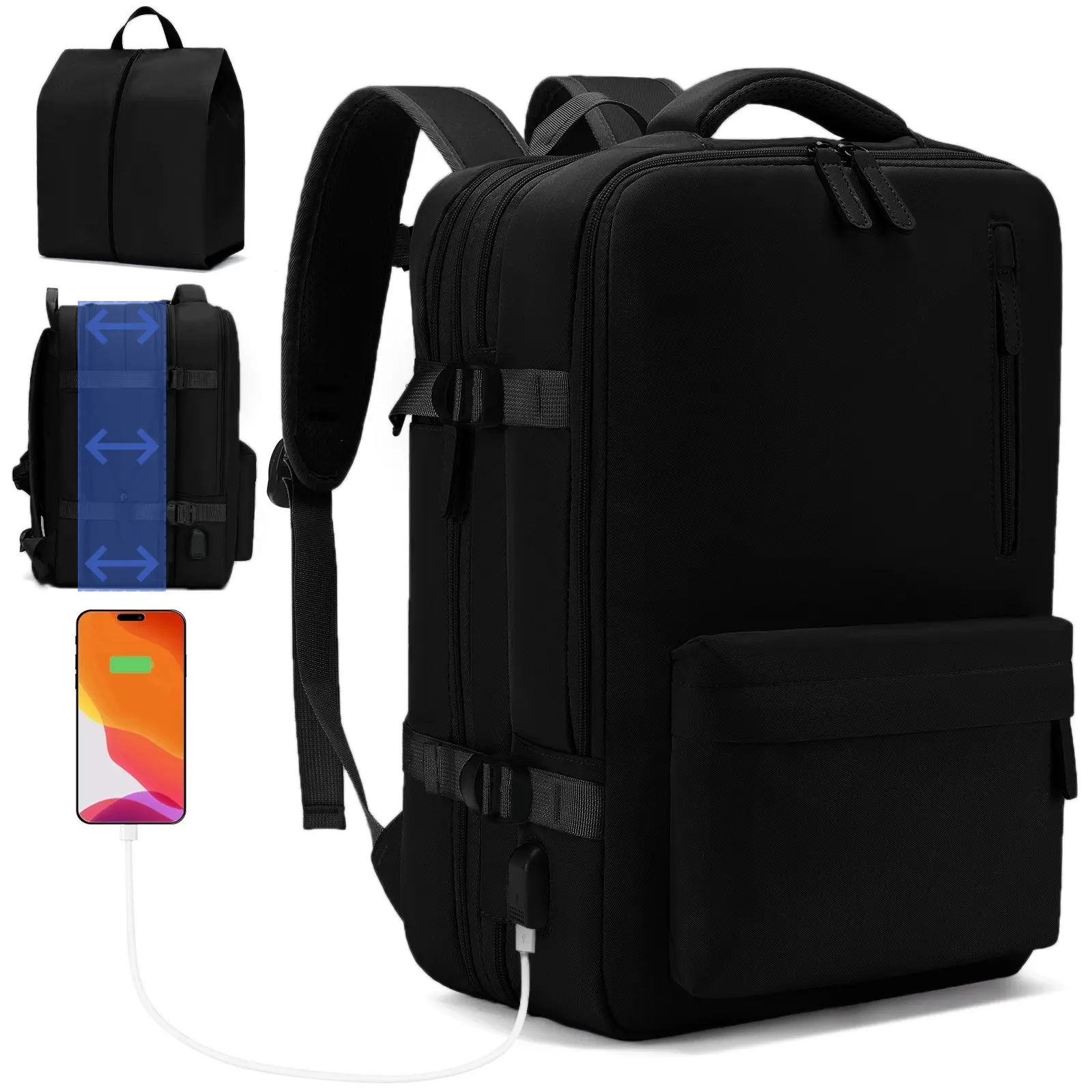 2PCS Carry-On Backpack with Shoe Bag 180° Open Expandable 40L Fits 16” Laptop USB Charging Port Water-Resistant Travel Set for Work School or Air Travel