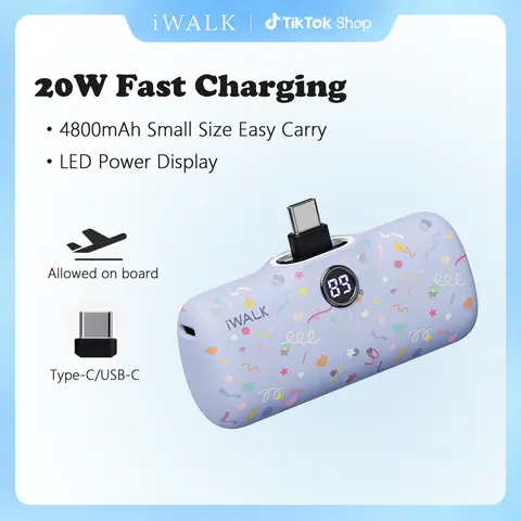 iWALK Compact Power Bank Charger - 20W Fast Charging, 4800mAh Rechargeable Battery Power Bank, Digital Display, USB-C In-Charging, Smartphone Wireless Powerbank for iPhone 17/16/15 Series & Android, Black On-the-Road Accessory