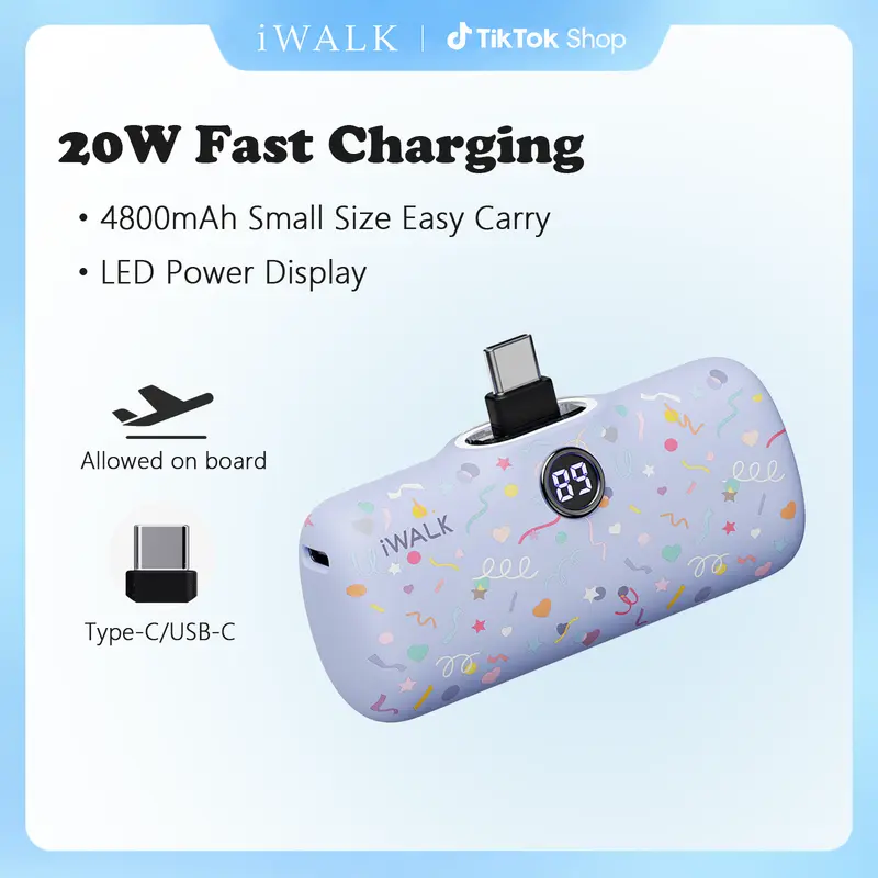 iWALK Compact Power Bank Charger - 20W Fast Charging, 4800mAh Rechargeable Battery Power Bank, Digital Display, USB-C In-Charging, Smartphone Wireless Powerbank for iPhone 17/16/15 Series & Android, Black On-the-Road Accessory