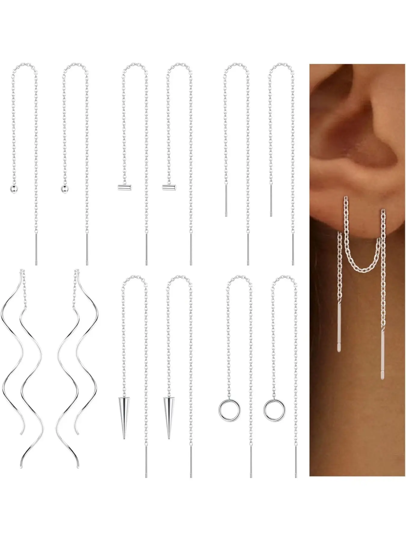 6 Pairs Stainless Steel Chain Tassel Earrings for Women Lightweight Wave Threader Ball Dangle Drop Minimalist Chain Earrings Stack Set