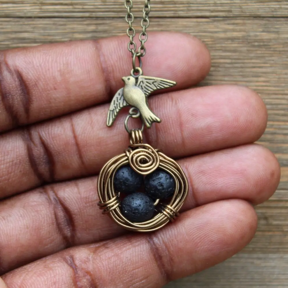 Black Bird's Nest Necklace,  Diffuser Necklace, Bird's Nest Necklace, Lava Bead Necklace, Aromatherapy Necklace, Gift For Mom, Gift for Her.