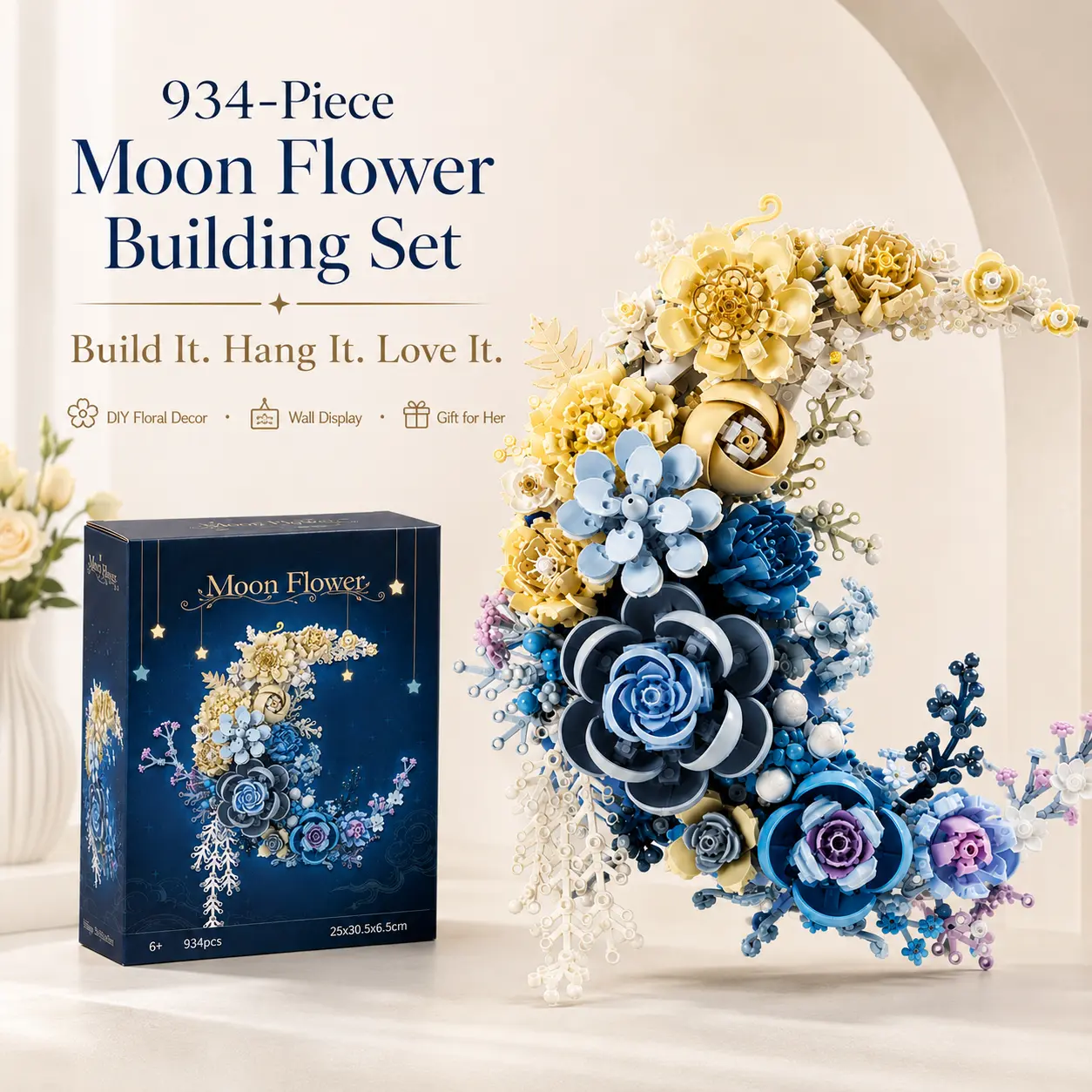 934-Piece Moon Flower Building Block Set, DIY Floral Crescent Moon Decor Kit for Adults and Teens, Aesthetic Room Decor, Birthday Gift for Women
