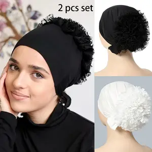 [High Elasticity] Adjustable Polyester Bonnets for Muslim Women | 2pcs Set | Polyester | High Elasticity, Packable & Knitted | Festive Headgear | Ramadan & Eid Celebrations | Floral Lace Cap | Packable