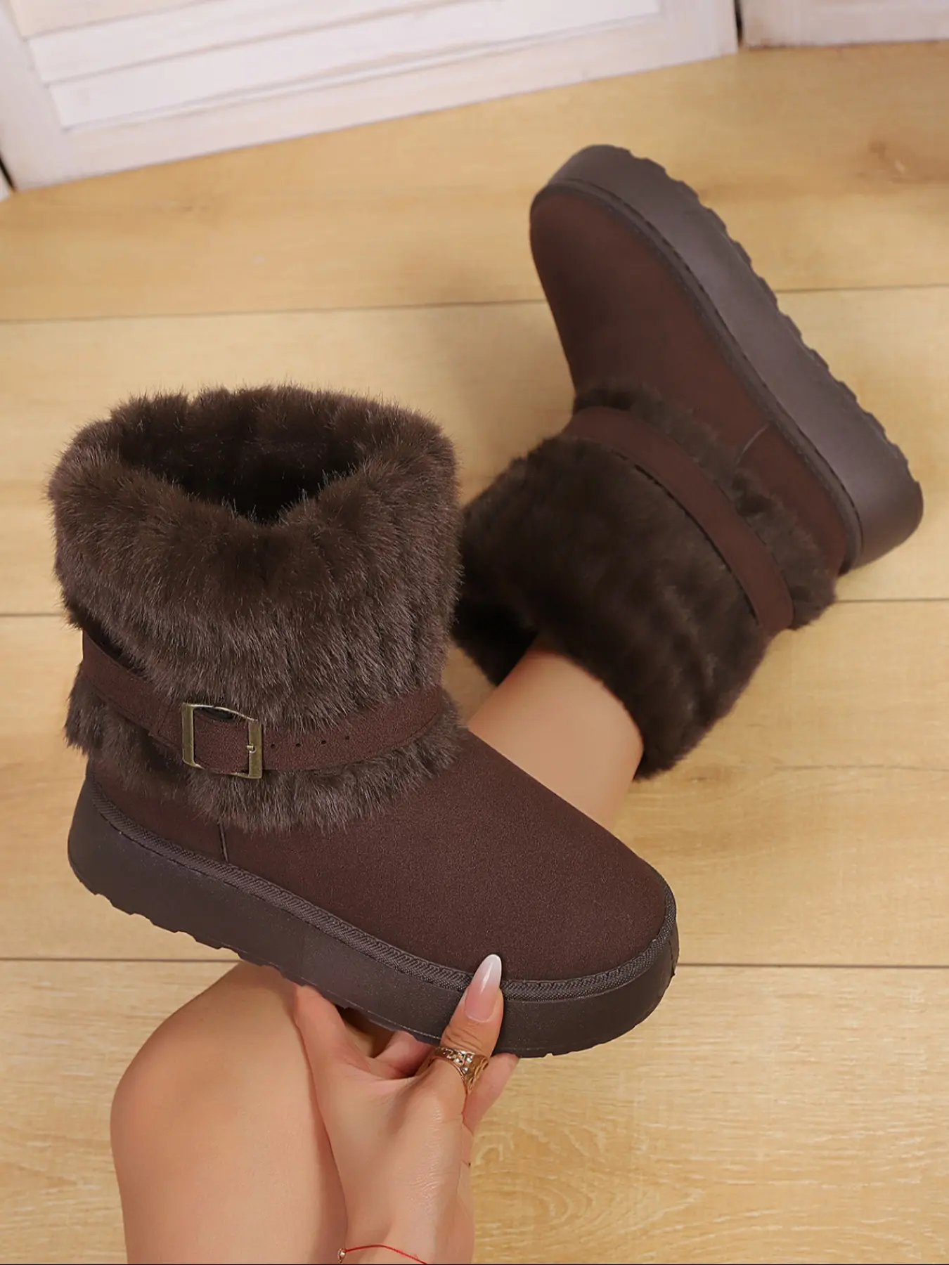 Women's Fashion Fluffy Snow Boots, Trendy Boots, Plush Upper with Belt Buckle Design, Warm and Comfortable Thick Sole, Winter Versatile and Stylish, Winter Boot Shoes
