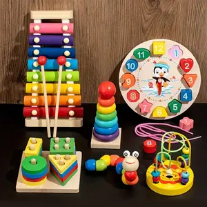 Montessori 6-Piece Geometry Set with Time Numbers, Xylophone, Caterpillar, Color and Shape, Stacker, Wooden Busy Board Educational Toys, Fun Learning Tools for Kids