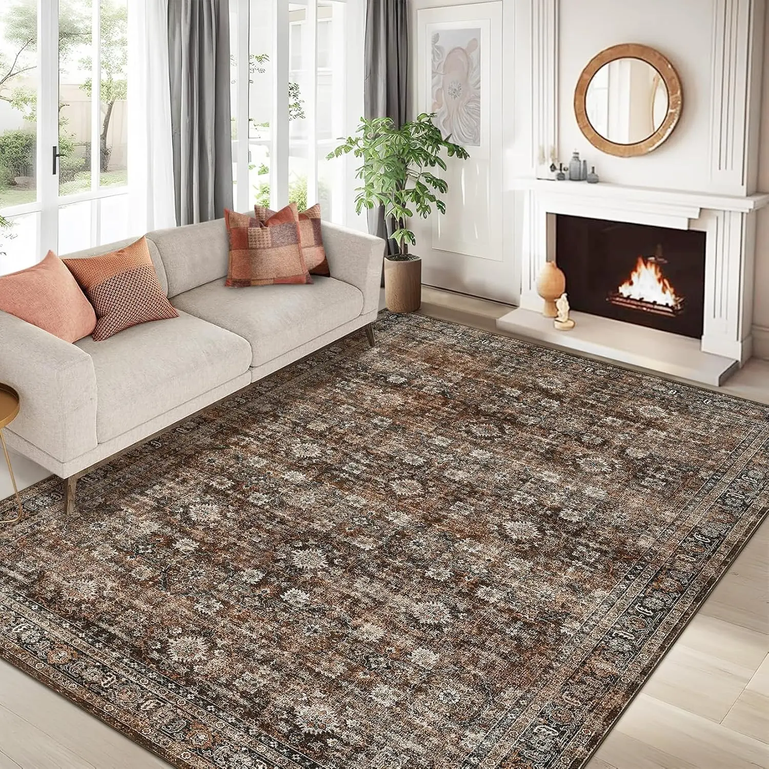 Bohemian Style Carpet Washable Area Rug Vintage Floral Carpet Soft Non-linting Carpet Stain-resistant Non-slip for Living Room Office Laundry Room