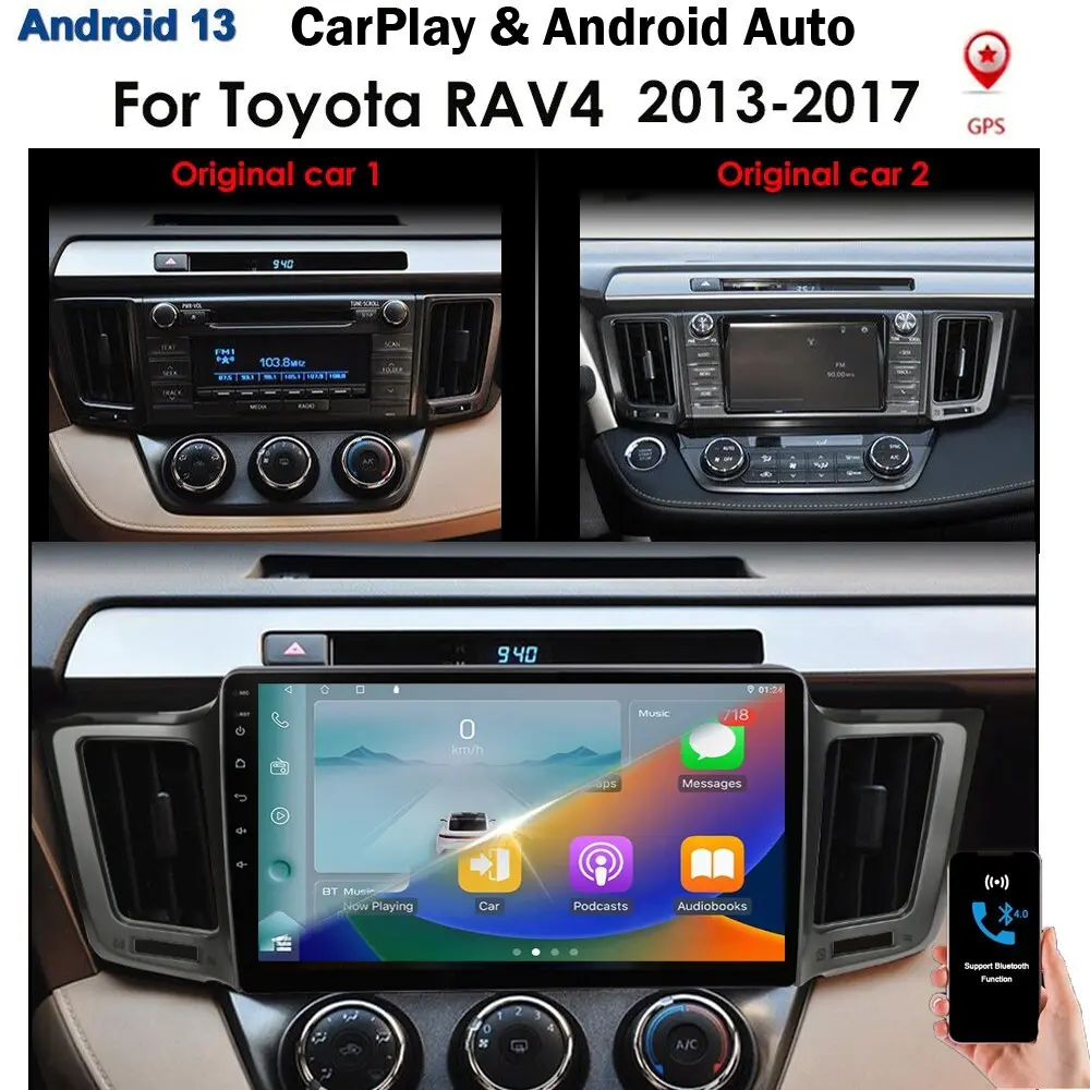 Hizpo 10.1" Screen Car Stereo Radio with CarPlay & Android Auto, Android Car GPS Navigation, WIFI Multimedia Audio Player for Toyota RAV4 2013-2017