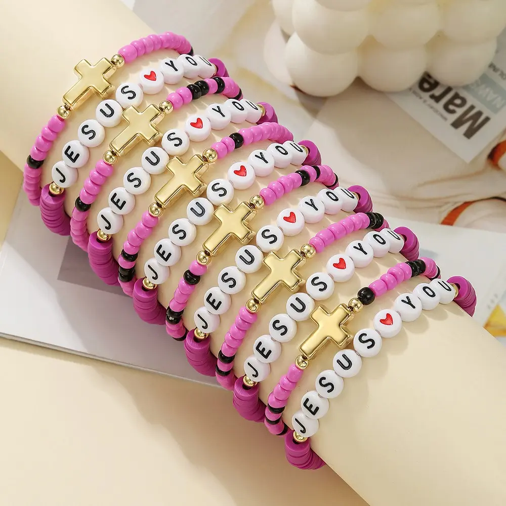 12pcs Jesus Love You Bracelets, Bulk Handmade Clay Beads, Bible Verse Cross Charm Bracelets, Christian Friendship Jewelry, Christmas Easter Gifts for Women Teens, Beaded Bracelets