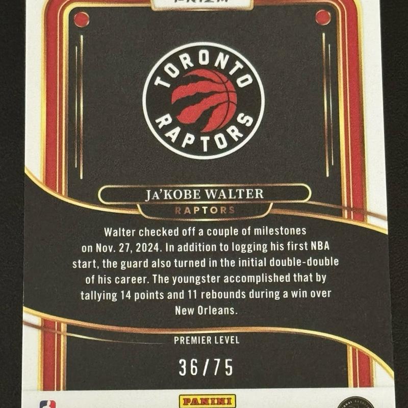 BASKETBALL- 2024-25 Panini Select - Ja'Kobe Walter Lime Green /75 Rookie Card Premier Level - Toronto Raptors sports  cards